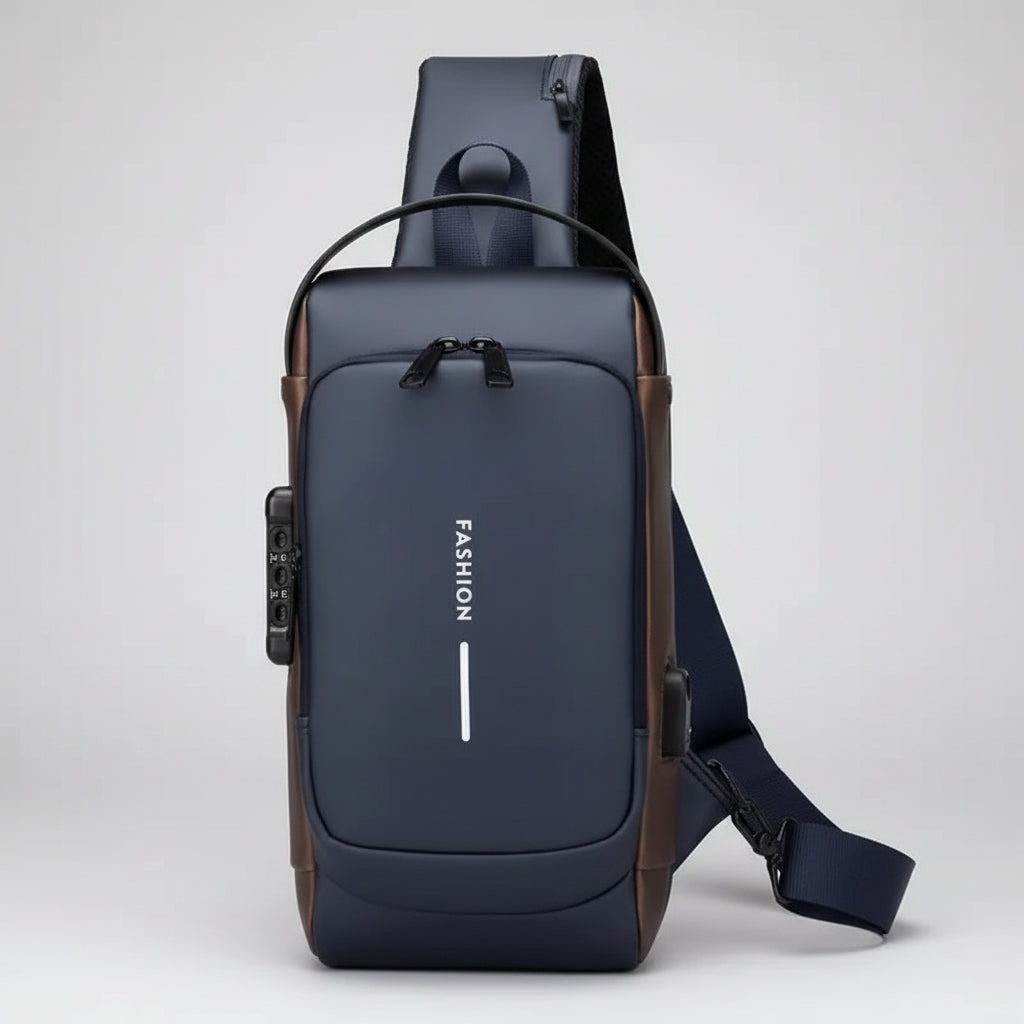 Anti-Theft Motorcycle Chest Bag with Password Lock - Navy / Brown