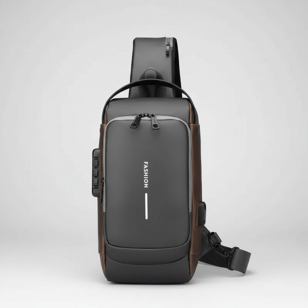 Anti-Theft Motorcycle Chest Bag with Password Lock - Grey / Brown