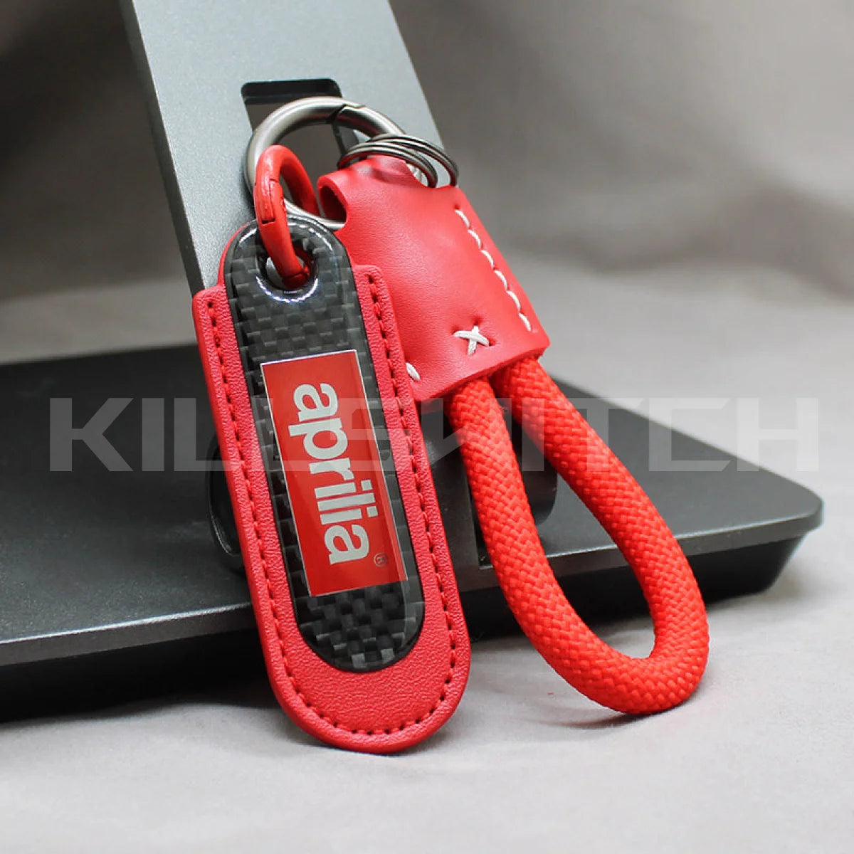 Motorcycle Carbon Fiber Leather Keychain - APRILIA-RED with braided leather rope Loop - decor