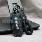 Motorcycle Carbon Fiber Leather Keychain - BMW-BLACK with braided leather rope Loop - decor