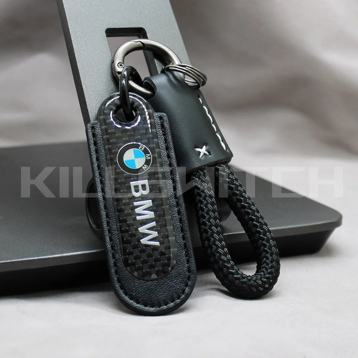 Motorcycle Carbon Fiber Leather Keychain - BMW-BLACK with braided leather rope Loop - decor