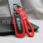 Motorcycle Carbon Fiber Leather Keychain - BMW-RED with braided leather rope Loop - decor