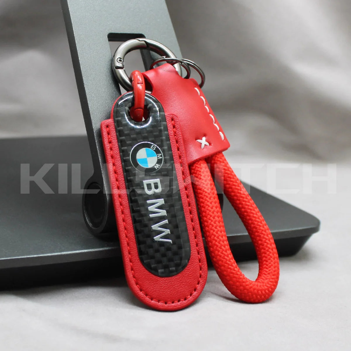 Motorcycle Carbon Fiber Leather Keychain - BMW-RED with braided leather rope Loop - decor