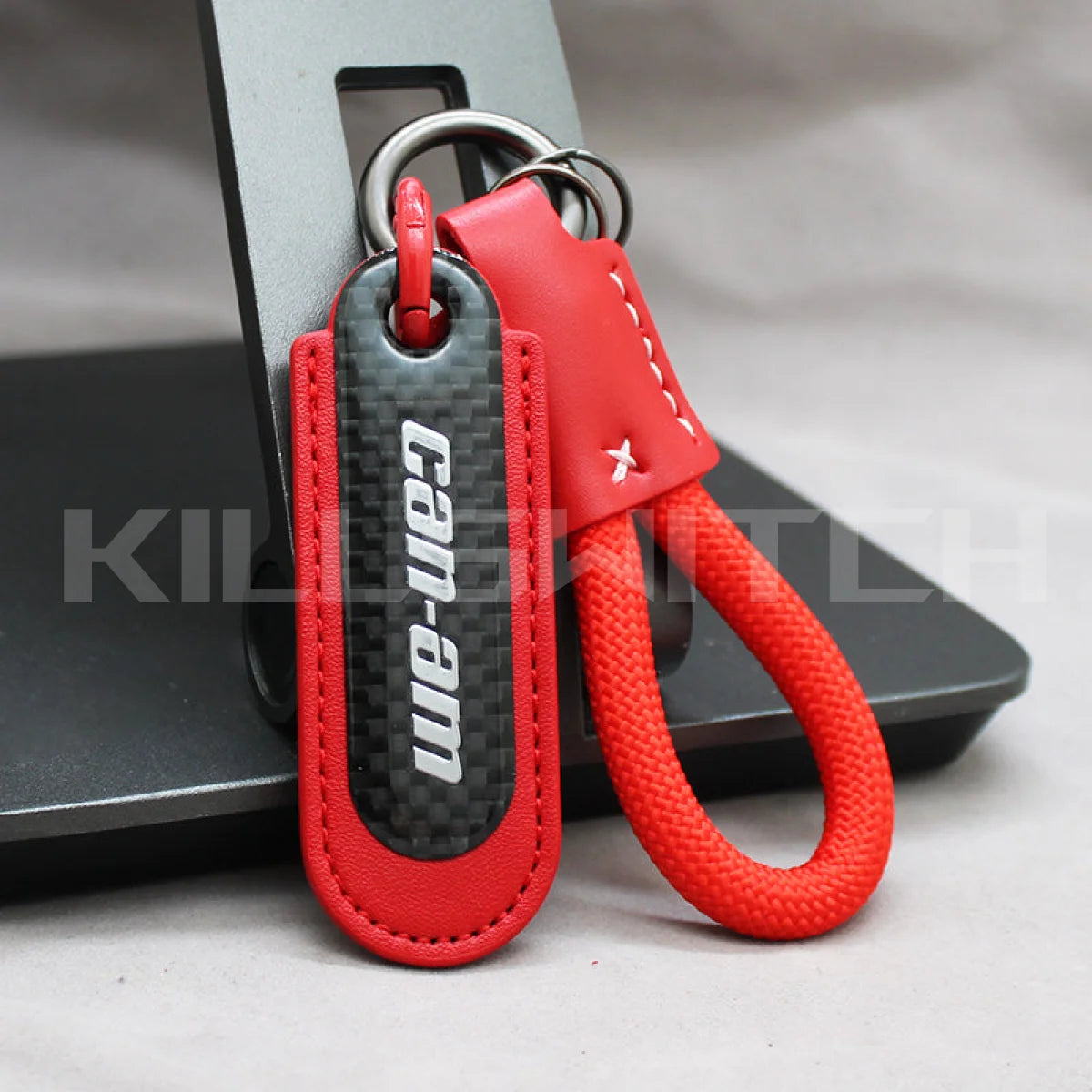 Motorcycle Carbon Fiber Leather Keychain - CAN-AM-RED with braided leather rope Loop - decor