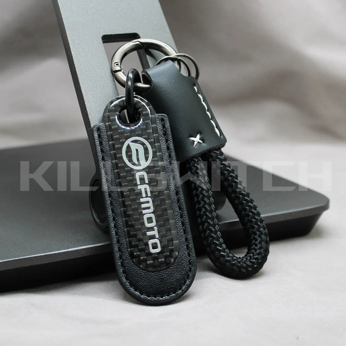 Motorcycle Carbon Fiber Leather Keychain - CFMOTO-BLACK with braided leather rope Loop - decor