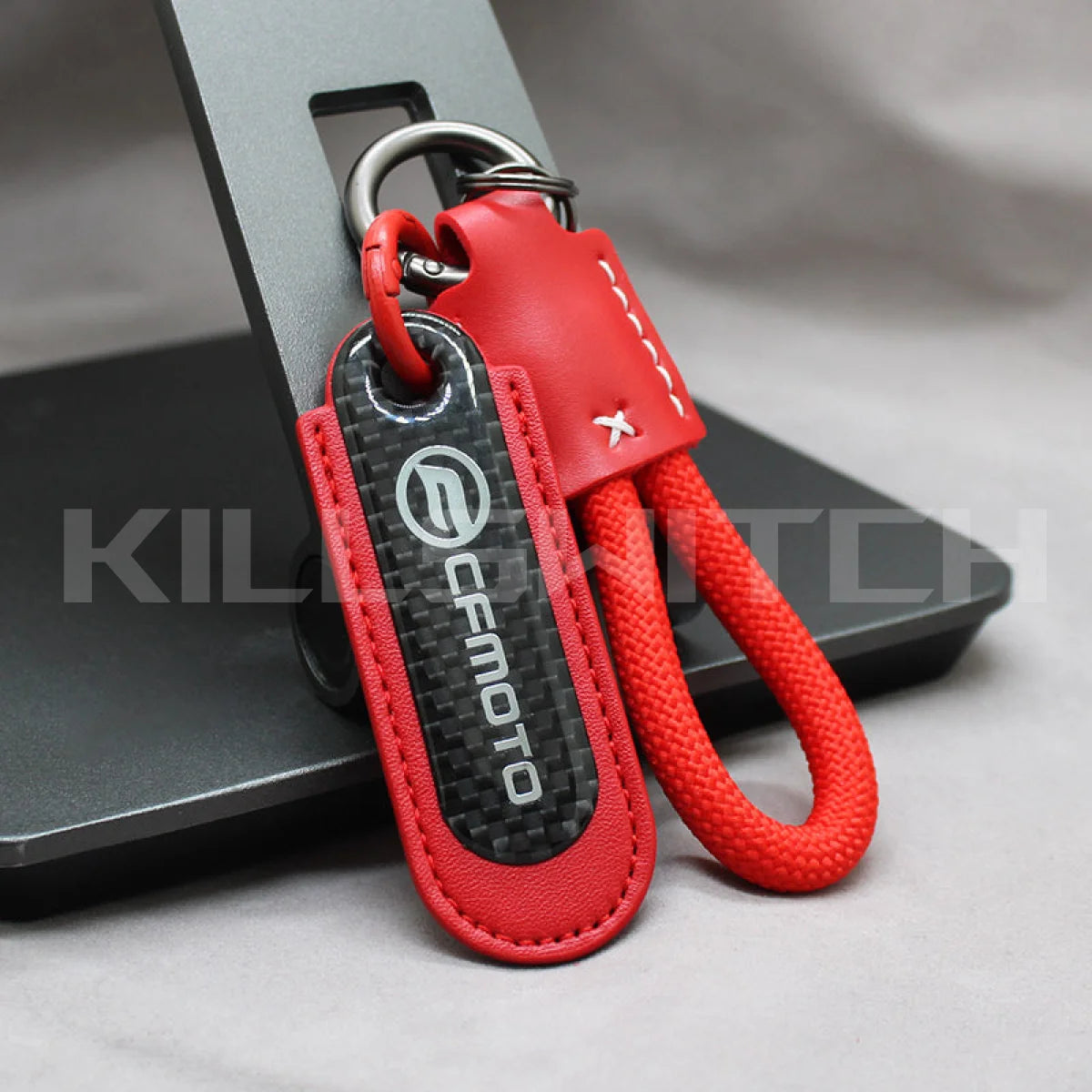 Motorcycle Carbon Fiber Leather Keychain - CFMOTO-RED with braided leather rope Loop - decor