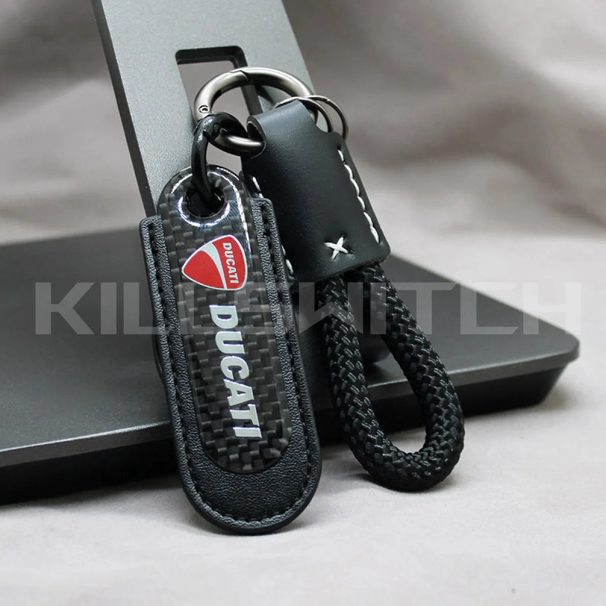 Motorcycle Carbon Fiber Leather Keychain - DUCATI-BLACK with braided leather rope Loop - decor