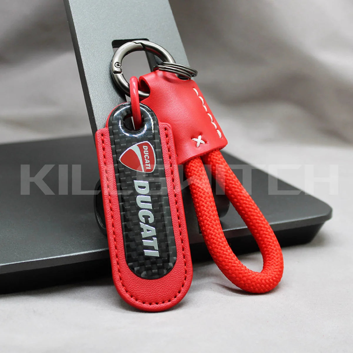 Motorcycle Carbon Fiber Leather Keychain - DUCATI-RED with braided leather rope Loop - decor