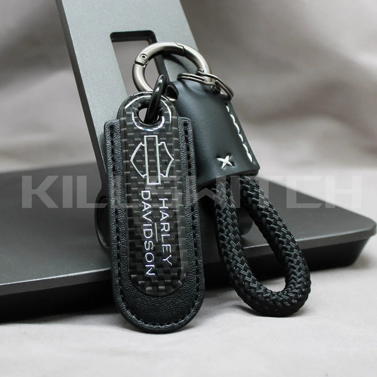 Motorcycle Carbon Fiber Leather Keychain - HARLEY DAVIDSON-BLACK with braided leather rope Loop - decor
