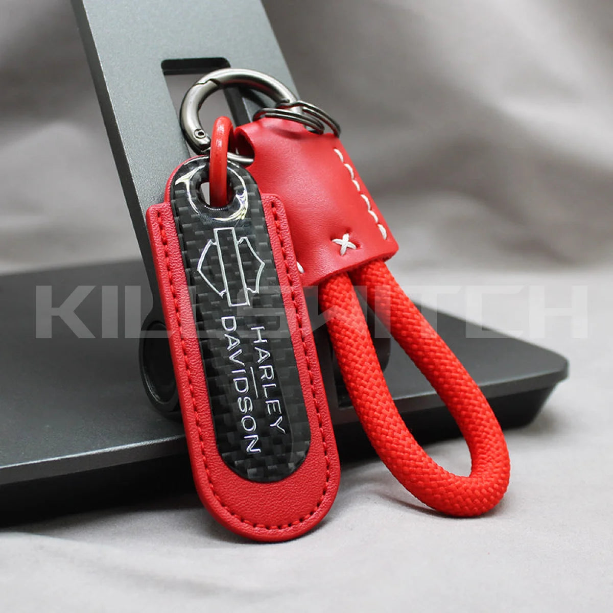 Motorcycle Carbon Fiber Leather Keychain - HARLEY DAVIDSON-RED with braided leather rope Loop - decor