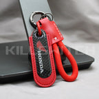 Motorcycle Carbon Fiber Leather Keychain - HONDA-RED with braided leather rope Loop - decor