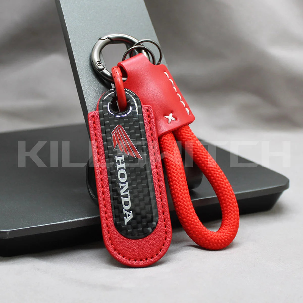 Motorcycle Carbon Fiber Leather Keychain - HONDA-RED with braided leather rope Loop - decor