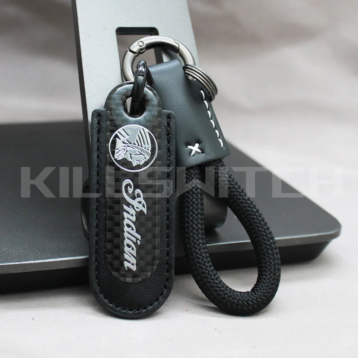 Motorcycle Carbon Fiber Leather Keychain - INDIAN-BLACK with braided leather rope Loop - decor