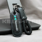 Motorcycle Carbon Fiber Leather Keychain - KAWASAKI-BLACK with braided leather rope Loop - decor
