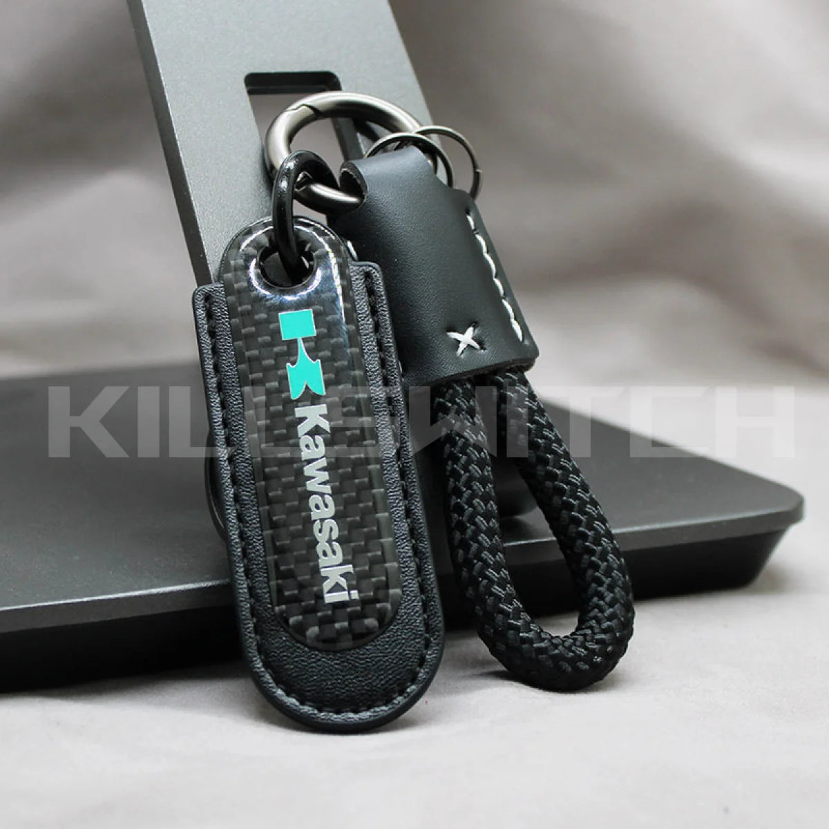Motorcycle Carbon Fiber Leather Keychain - KAWASAKI-BLACK with braided leather rope Loop - decor