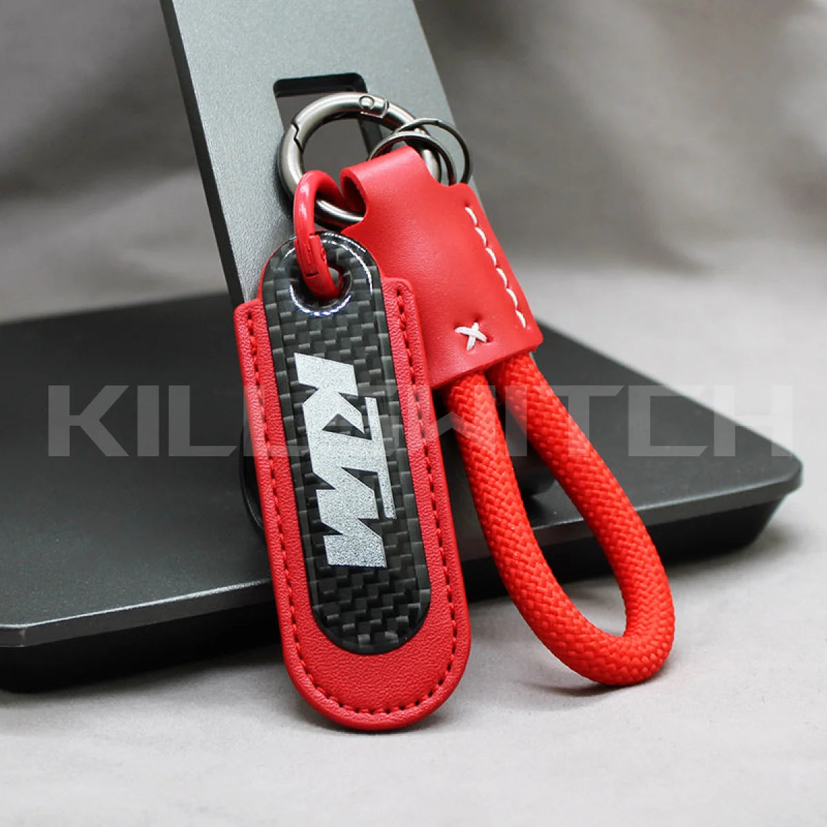 Motorcycle Carbon Fiber Leather Keychain - KTM-RED with braided leather rope Loop - decor