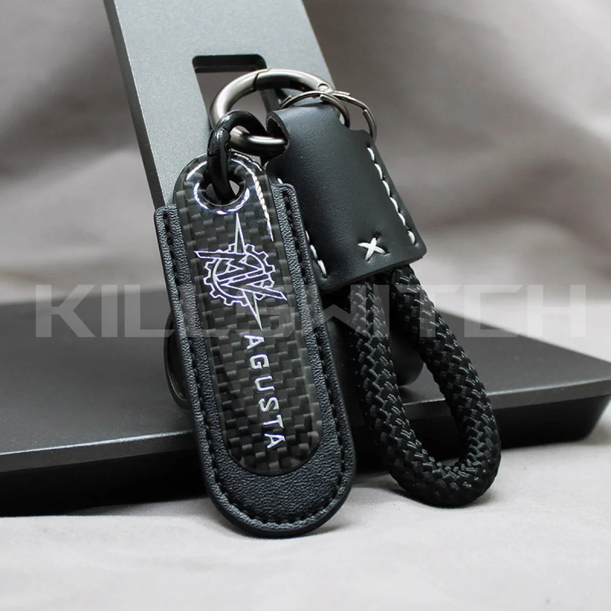 Motorcycle Carbon Fiber Leather Keychain - MV AGUSTA- BLACK with braided leather rope Loop - decor