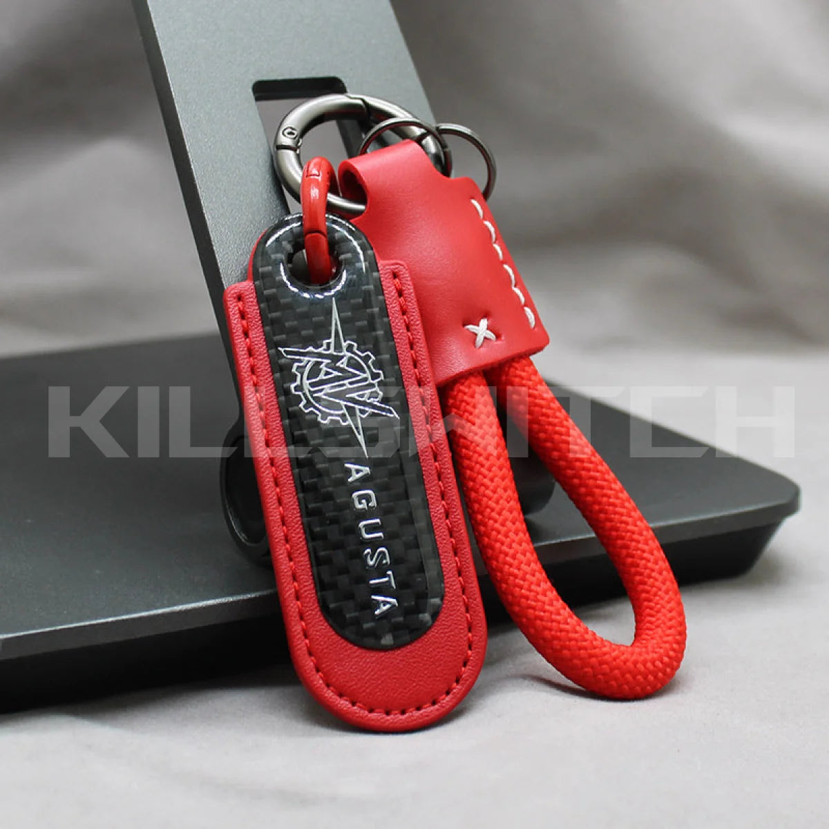 Motorcycle Carbon Fiber Leather Keychain - MV AGUSTA-RED with braided leather rope Loop - decor