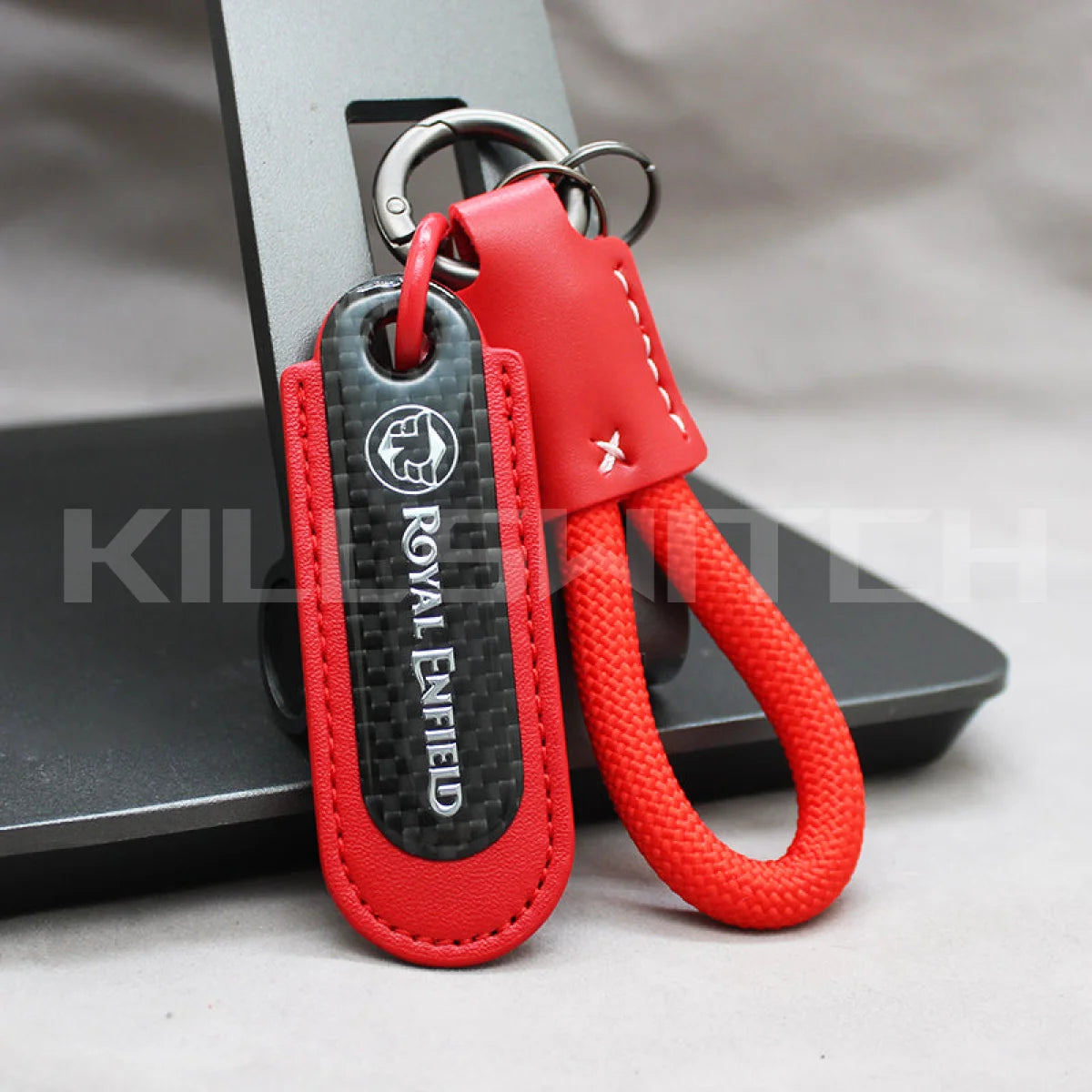 Motorcycle Carbon Fiber Leather Keychain - ROYAL ENFIELD-RED with braided leather rope Loop - decor