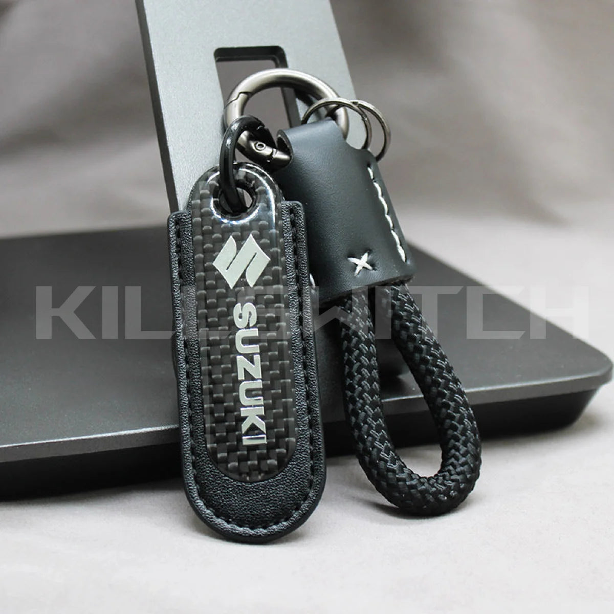 Motorcycle Carbon Fiber Leather Keychain - SUZUKI-BLACK with braided leather rope Loop - decor