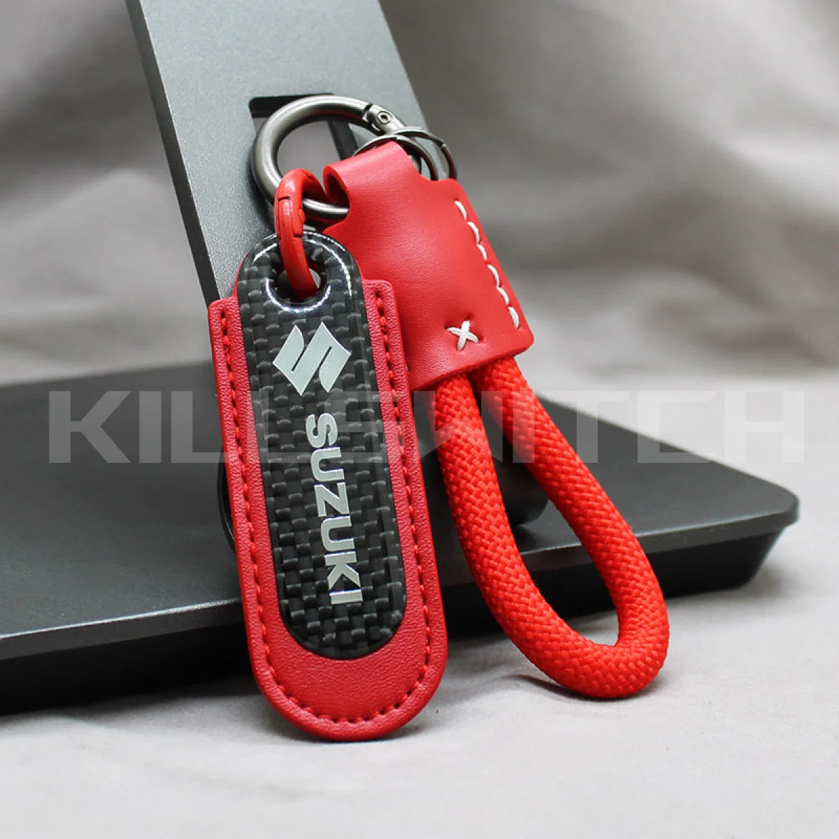 Motorcycle Carbon Fiber Leather Keychain - SUZUKI-RED with braided leather rope Loop - decor