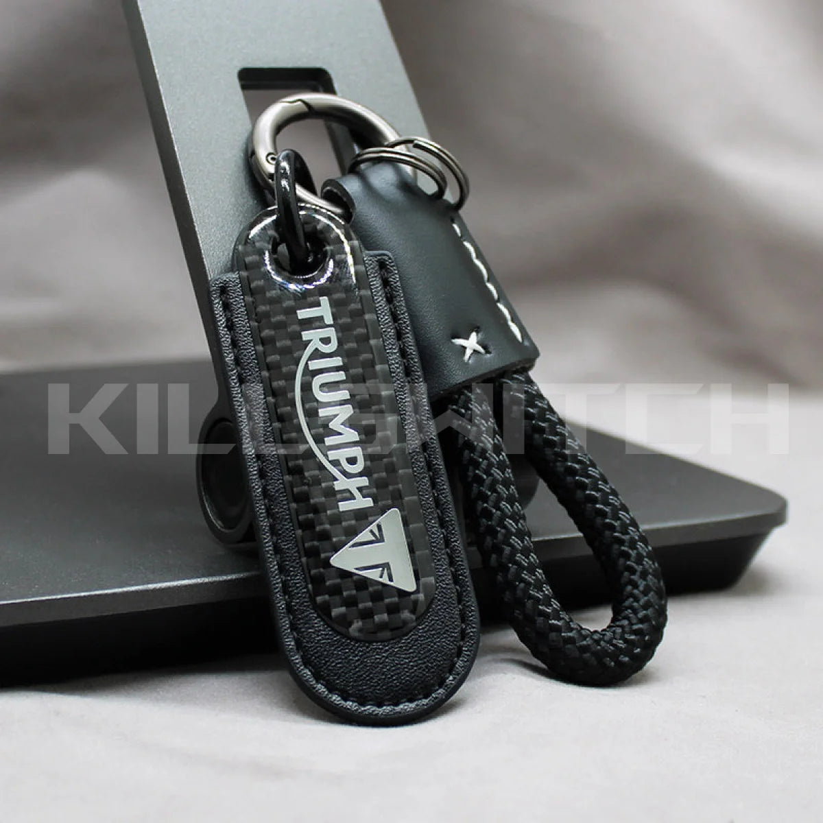 Motorcycle Carbon Fiber Leather Keychain - TRIUMPH-BLACK with braided leather rope Loop - decor
