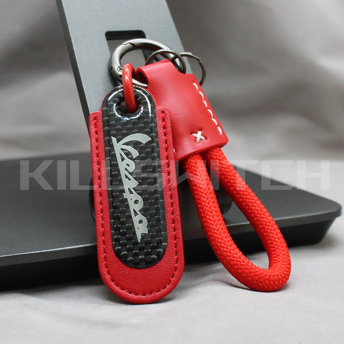Motorcycle Carbon Fiber Leather Keychain - VESPA-RED with braided leather rope Loop - decor