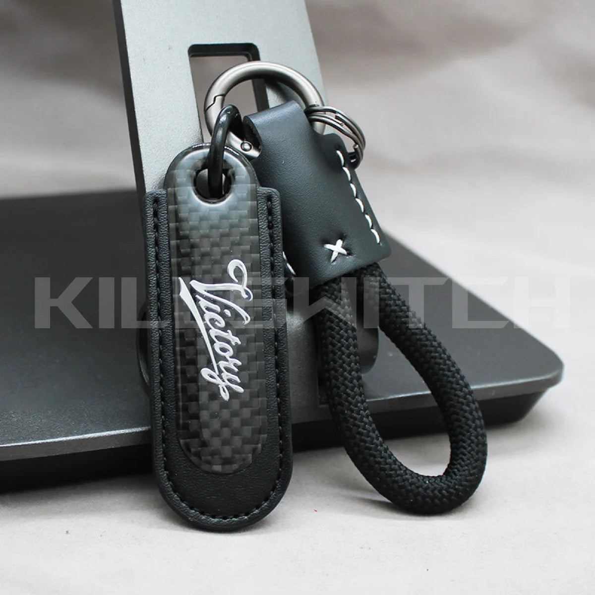 Motorcycle Carbon Fiber Leather Keychain - VICTORY-BLACK with braided leather rope Loop - decor