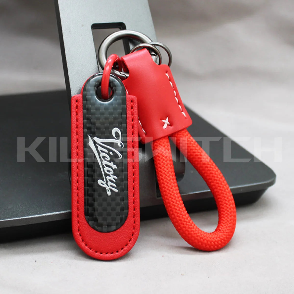 Motorcycle Carbon Fiber Leather Keychain - VICTORY-RED with braided leather rope Loop - decor
