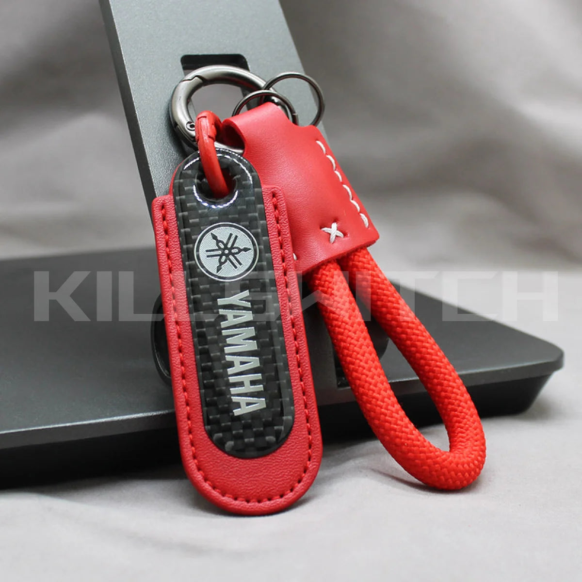 Motorcycle Carbon Fiber Leather Keychain - YAMAHA-RED with braided leather rope Loop - decor